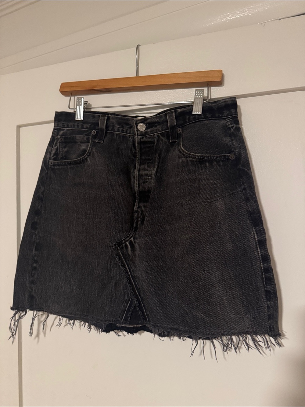 Redone Black Distressed Levi’s Denim Mini Skirt